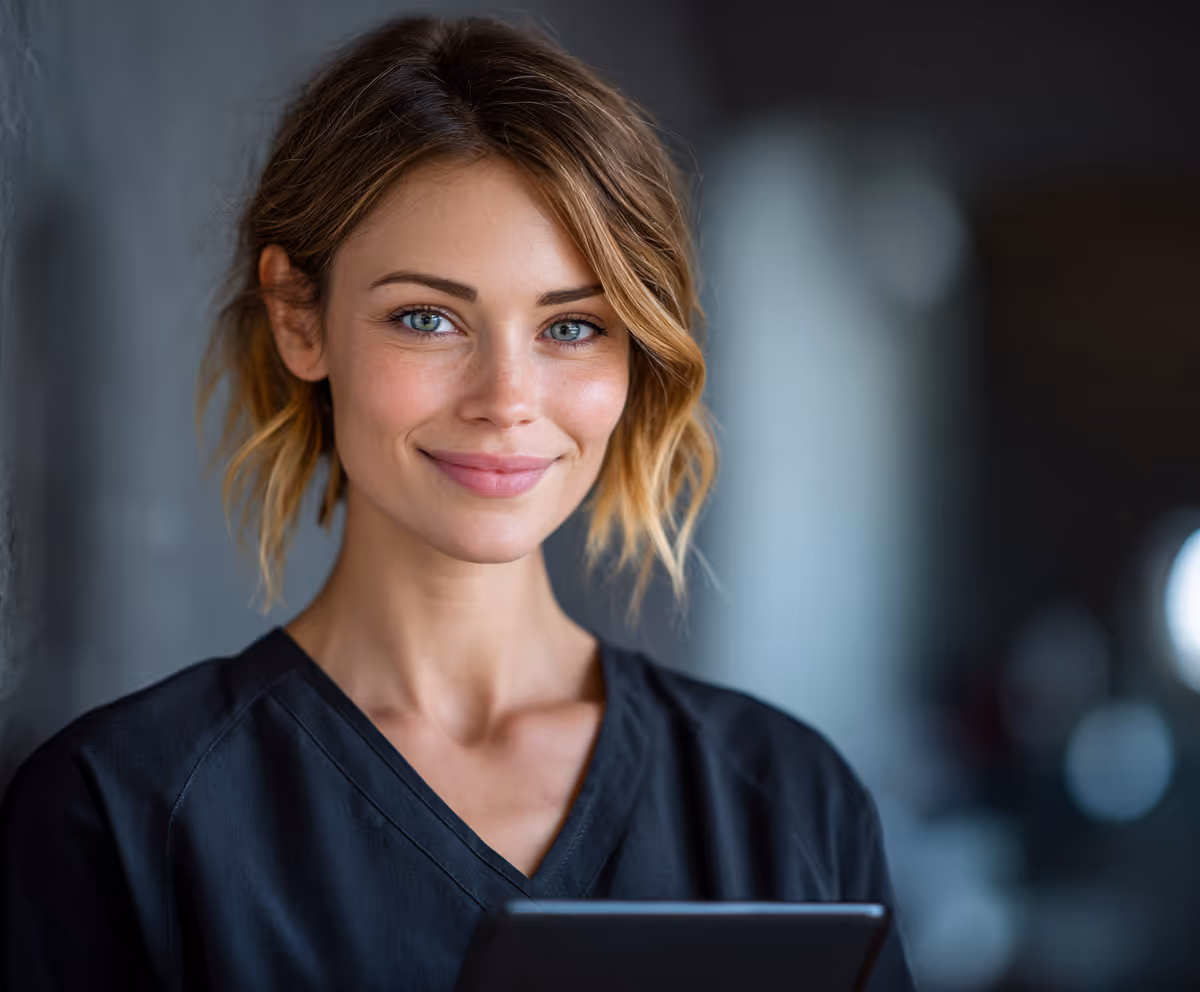 Smiling healthcare professional with blue eyes and blonde hair holding a tablet.