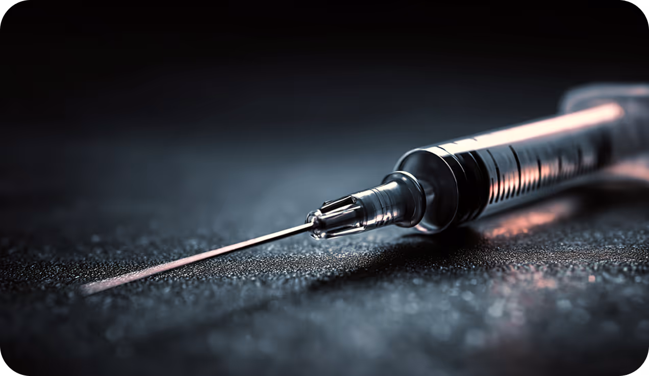 Close-up of a medical syringe with needle lying on a dark textured surface.