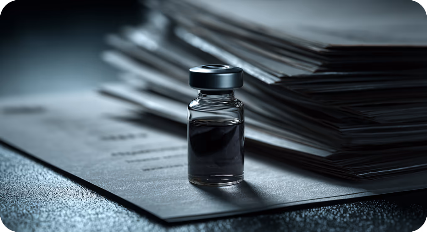 Small glass vial containing dark liquid placed on top of stacked papers on a textured surface.