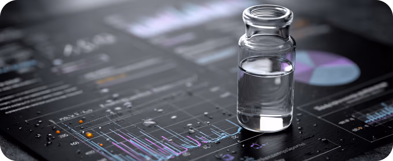 Small glass vial containing clear liquid placed on a dark surface with illuminated graphs and charts.