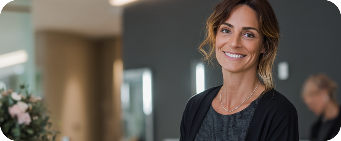 Smiling woman with shoulder-length hair wearing a black cardigan and a necklace in a modern indoor setting.