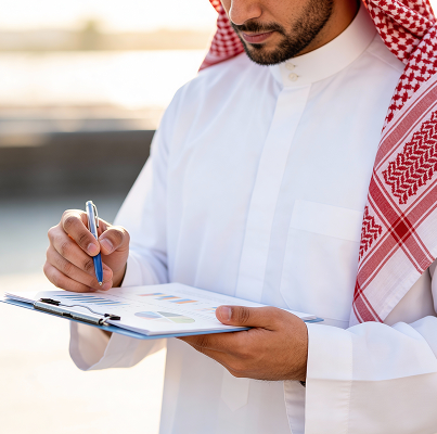 رجل سعودي يرتدي الثوب والغترة يحلل بيانات على لوحة مع مخططات وأرقام.