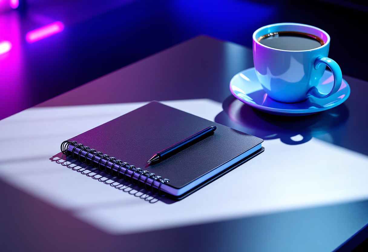 image of a notebook and coffee cup on a table (for a productivity tools business)