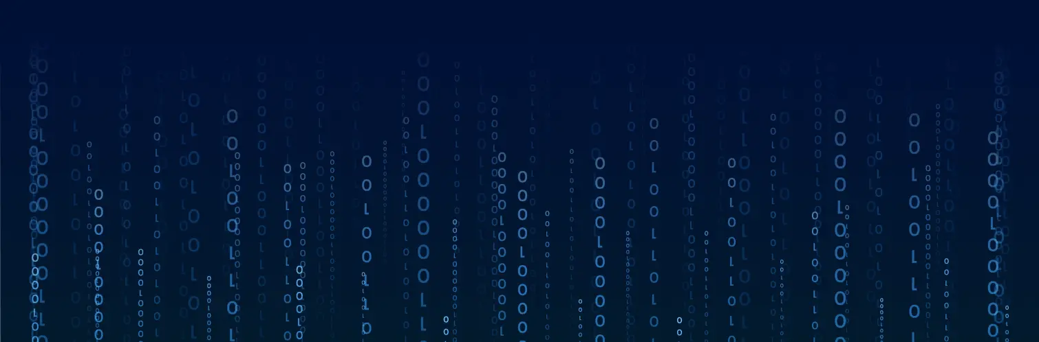 Vertical columns of glowing blue binary code digits on a dark blue background.