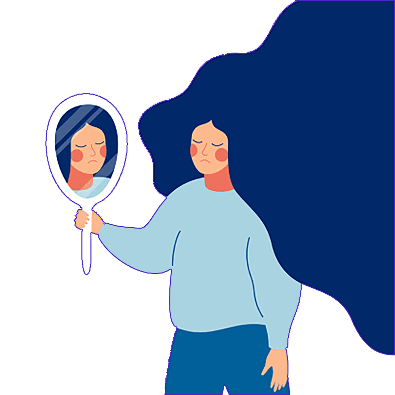 Une femme avec de longs cheveux bleus tenant un miroir à main dans lequel elle se regarde avec une expression triste.