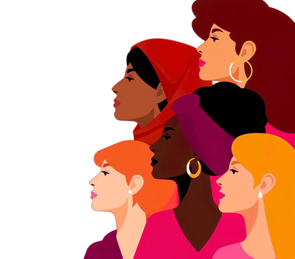 Illustration profil de cinq femmes diverses aux différentes teintes de peau, coiffures et accessoires, regardant vers la droite.