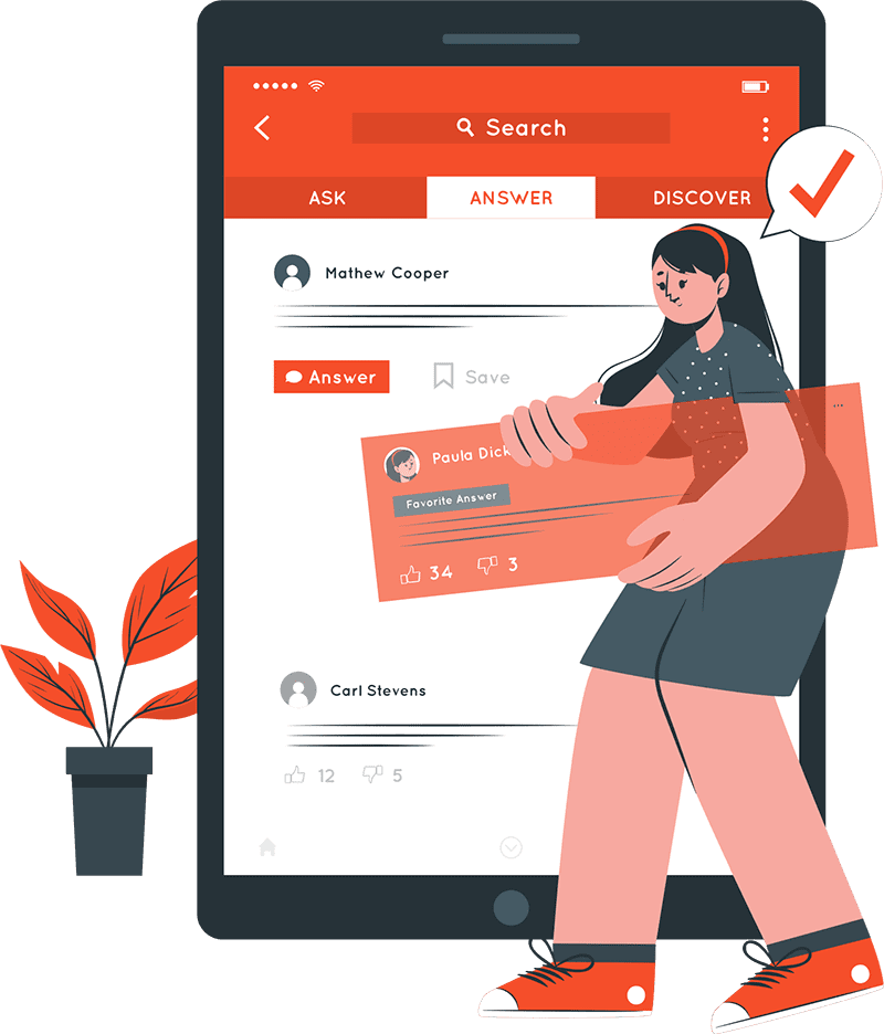 Illustration d'une femme tenant une carte avec une réponse favorite sur une application de questions-réponses affichée sur une tablette.