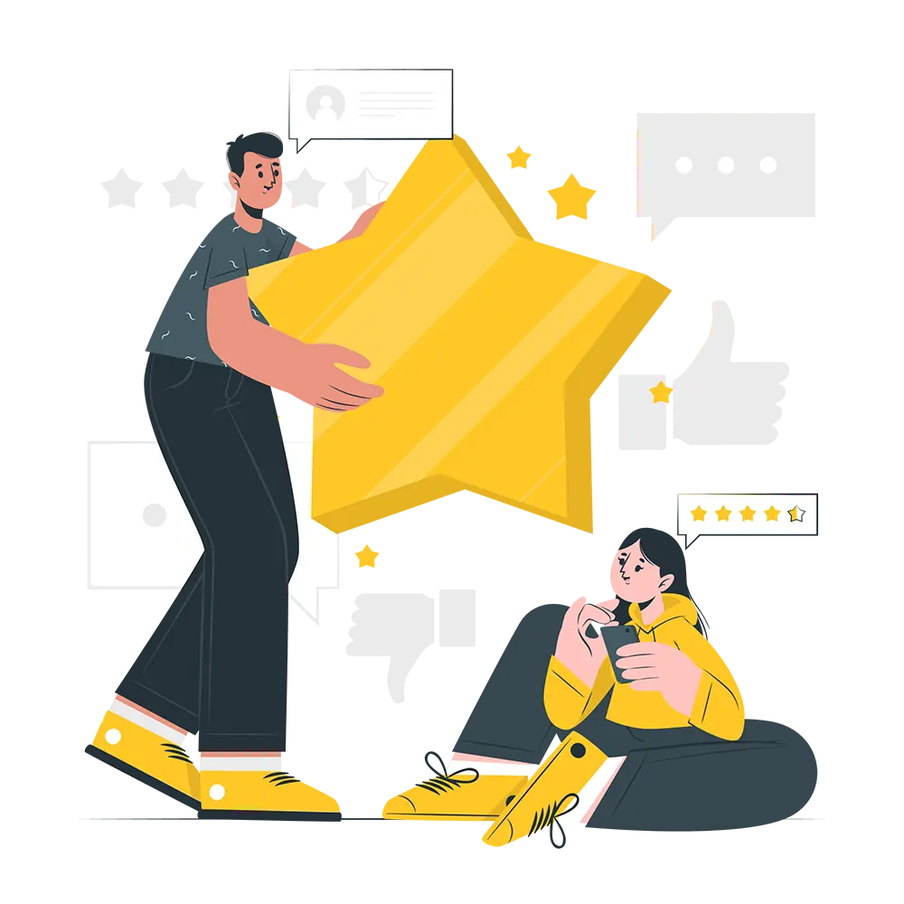 Illustration de deux personnes avec une grande étoile jaune, l’une debout la tenant et l’autre assise regardant un téléphone avec des avis et évaluations en étoiles en arrière-plan.