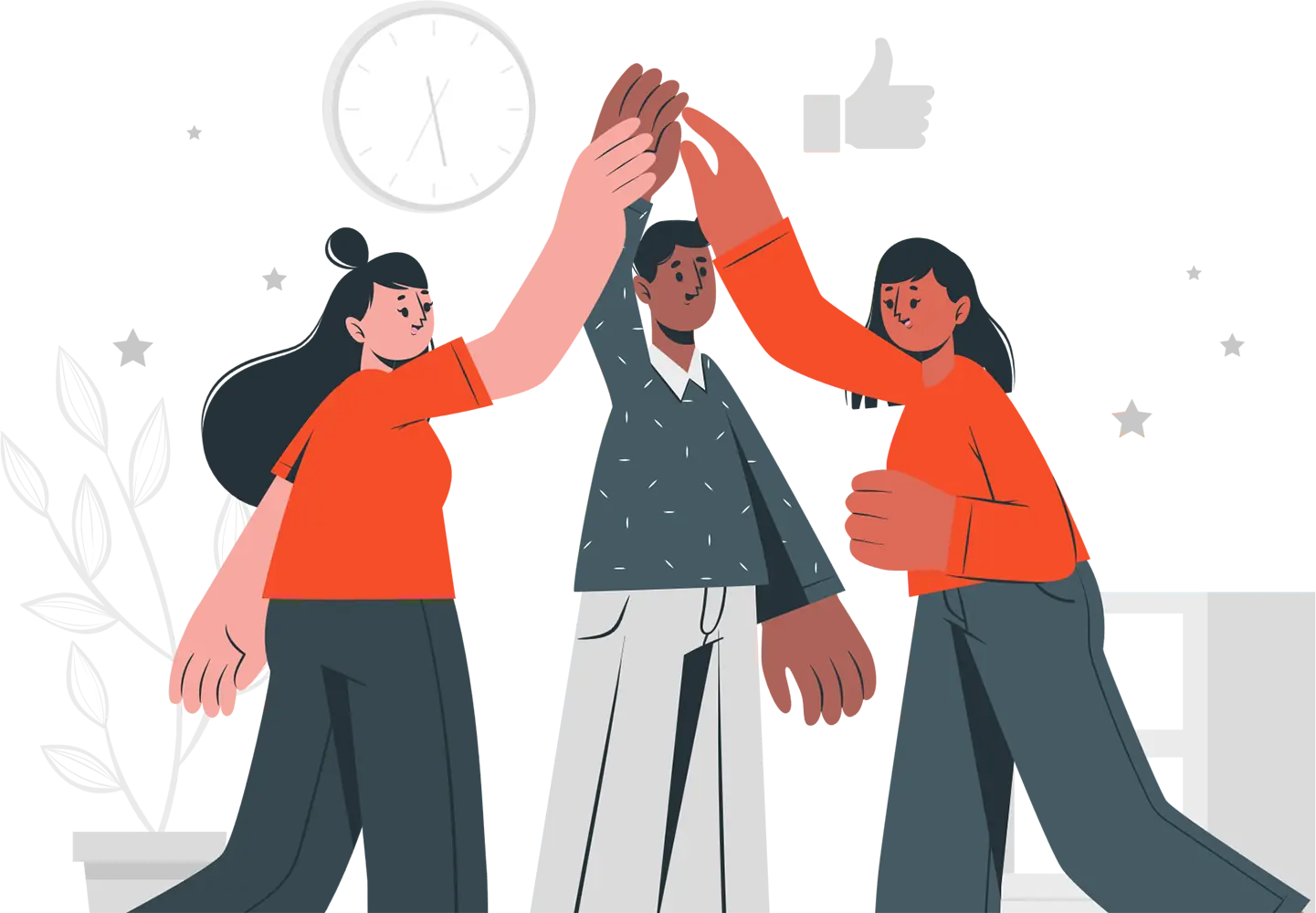 Illustration de trois personnes faisant un high-five collectif sous une horloge murale.