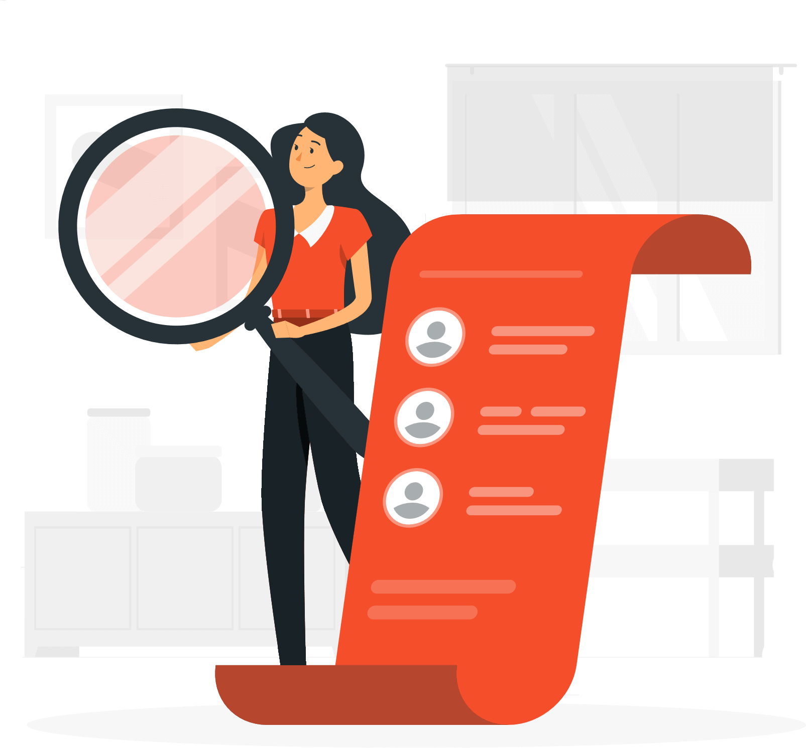 Une femme tenant une loupe agrandissant une longue liste rouge avec des icônes de profils, symbolisant la recherche de candidats.