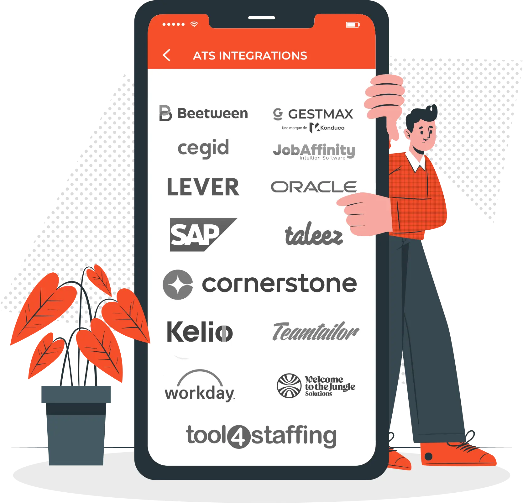 Illustration of a person holding a large smartphone displaying logos of ATS integration partners including Beetween, GESTMAX, cegid, JobAffinity, LEVER, ORACLE, SAP, taleez, cornerstone, Kelio, Teamtailor, workday, Welcome to the Jungle, and tool4staffing.