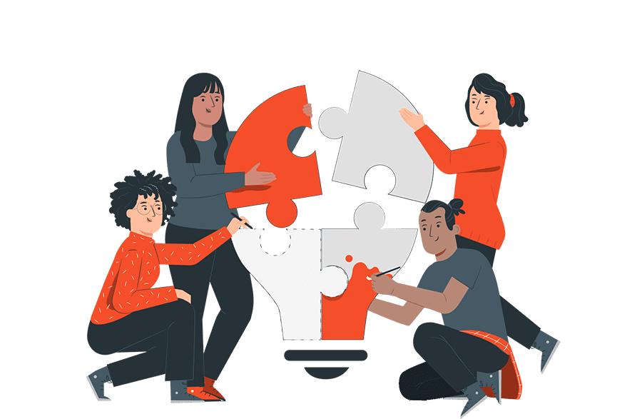 Quatre personnes assemblant des pièces de puzzle formant une ampoule, symbolisant le travail d'équipe et la collaboration.