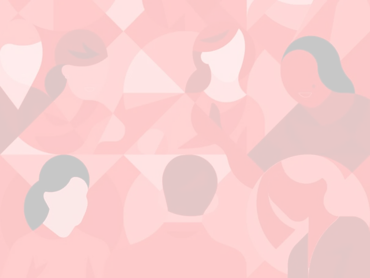 Illustration abstraite de six personnes en conversation aux teintes rouges et roses.