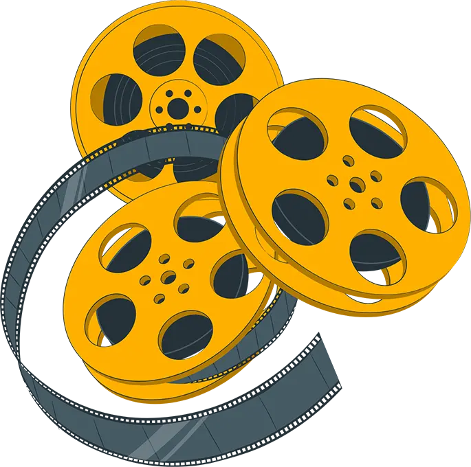 Trois bobines de film cinématographique jaune avec une bande de film gris foncé enroulée autour.