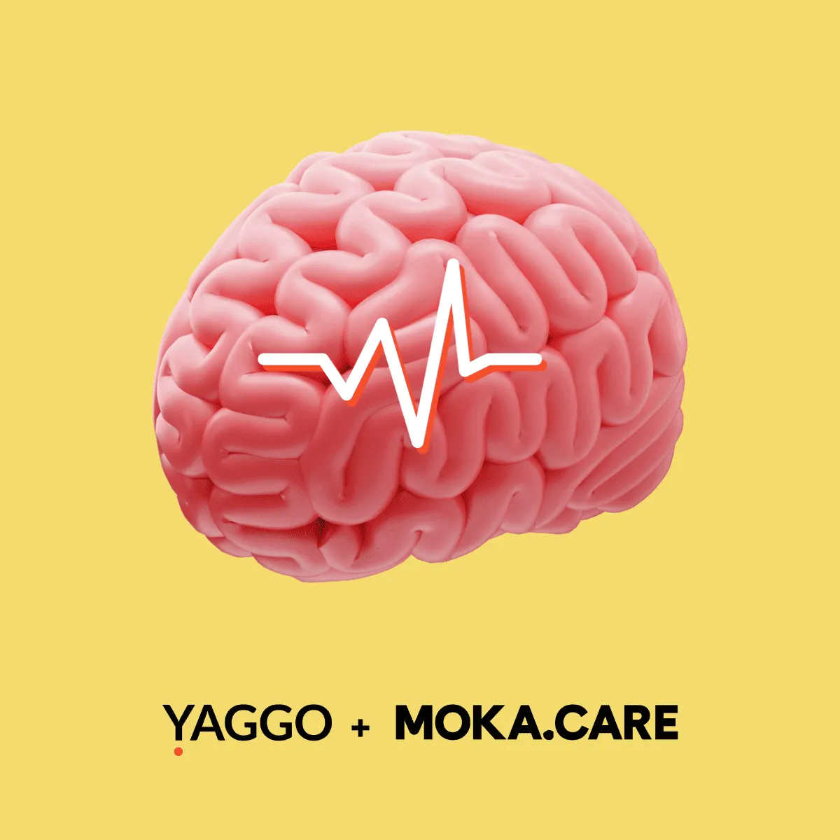 Cerveau rose stylisé avec ligne de rythme cardiaque blanche au centre, sur fond jaune avec texte YAGGO + MOKA.CARE en dessous.
