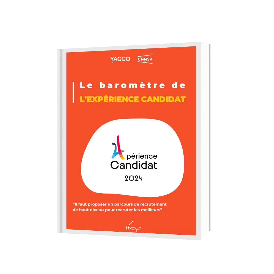 Couverture du baromètre de l'expérience candidat 2024 avec fond orange, logos YAGGO et CAASK, citation sur le recrutement et logo ifop.