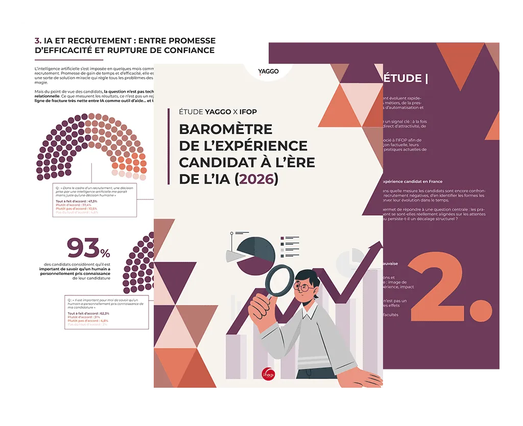 Couverture et extraits de l'étude YAGGO x IFOP intitulée Baromètre de l'expérience candidat à l'ère de l'IA (2026) avec illustration d'une personne tenant une loupe et des graphiques.