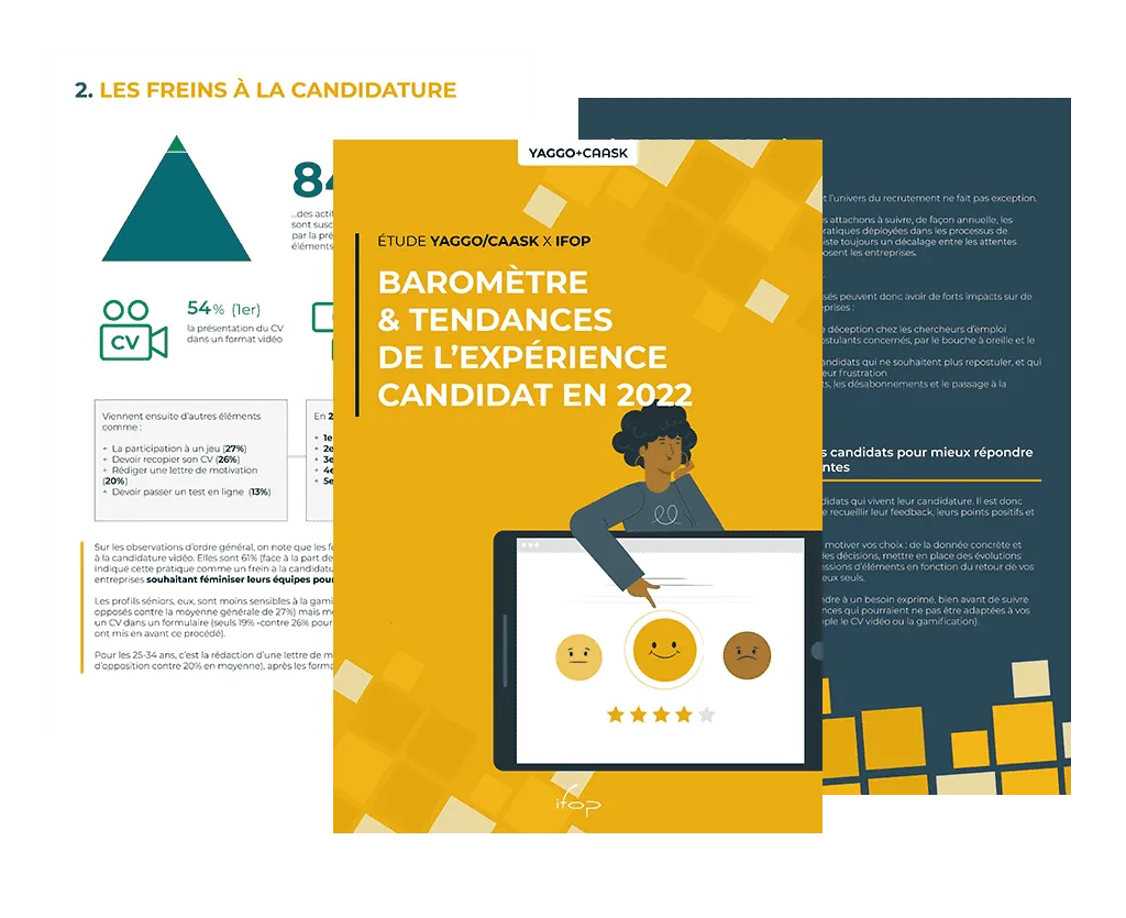Couverture du baromètre YAGGO/CAASK sur les tendances de l'expérience candidat en 2022, avec illustration d'une personne pointant une échelle de satisfaction sur un écran.