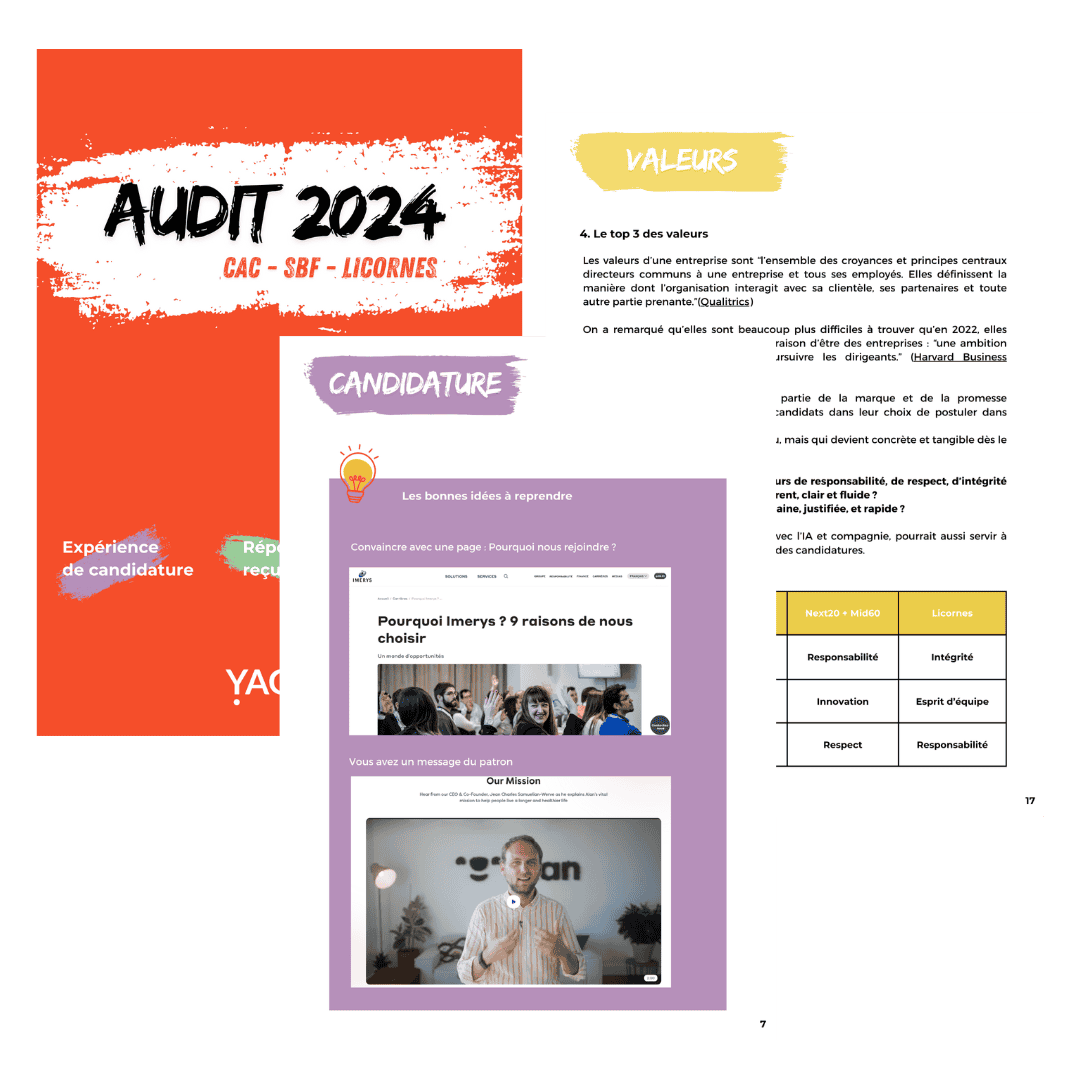 Page de couverture et deux pages intérieures d'un rapport intitulé Audit 2024 CAC - SBF - Licornes, avec sections sur Candidature et Valeurs d'entreprise, incluant un tableau comparatif et captures d'écran de site et vidéo.