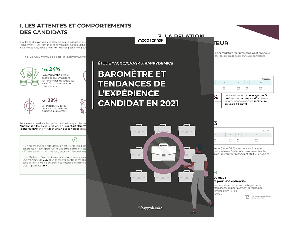 Couverture de l'étude YAGGO/CAASK x Happydemics intitulée Baromètre et tendances de l'expérience candidat en 2021, avec une illustration d'une personne pointant une mallette parmi plusieurs autres.