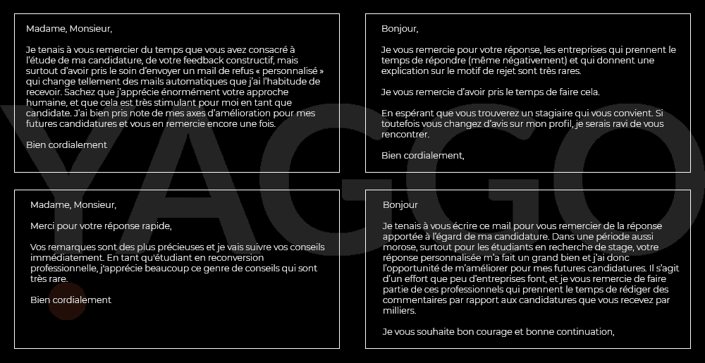 Quatre extraits de courriels en français remerciant pour un retour personnalisé à des candidatures, exprimant gratitude et appréciation pour les conseils et le temps consacré.