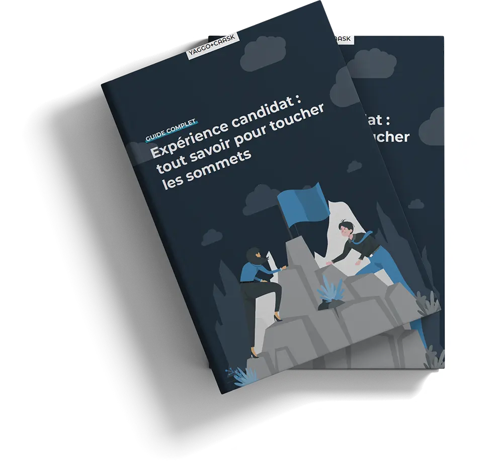Couverture d'un guide complet intitulé 'Expérience candidat : tout savoir pour toucher les sommets' avec illustration de deux personnages gravissant une montagne pour atteindre un drapeau bleu au sommet.