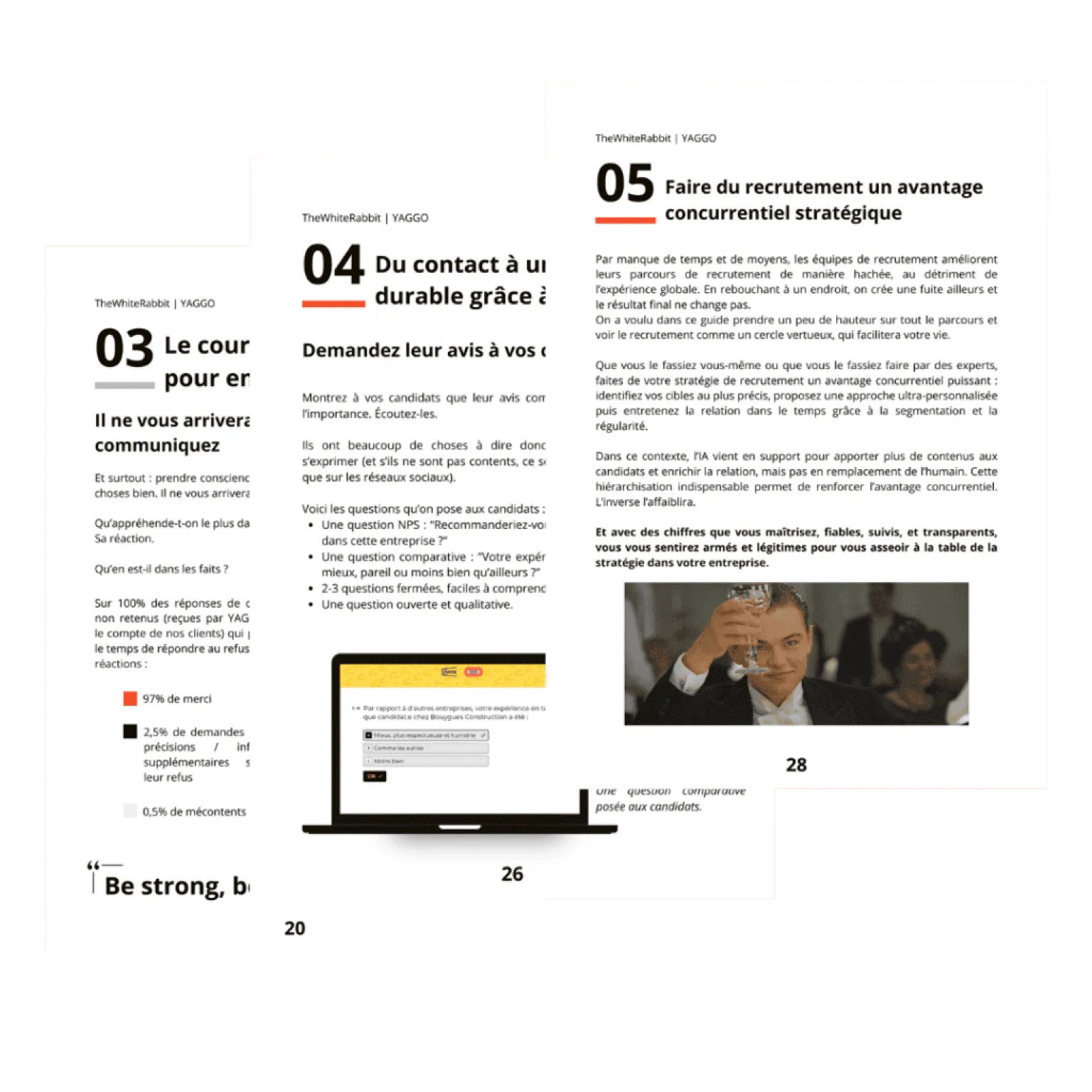 Page de couverture et deux pages intérieures d'un rapport intitulé Audit 2024 CAC - SBF - Licornes, avec sections sur Candidature et Valeurs d'entreprise, incluant un tableau comparatif et captures d'écran de site et vidéo.