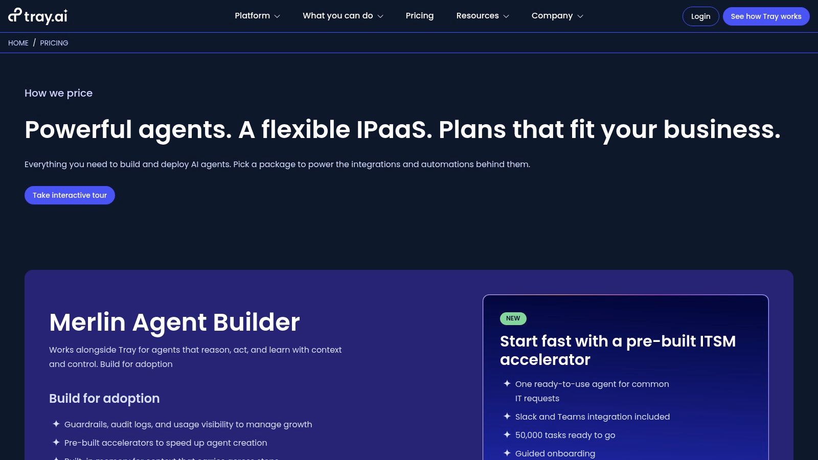 Tray.io (Tray) workflow builder showing a complex automation path.