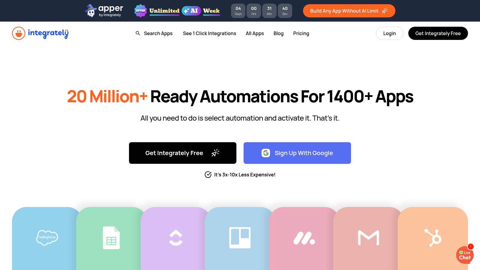 A screenshot of the Integrately workflow builder interface showing various app integrations.