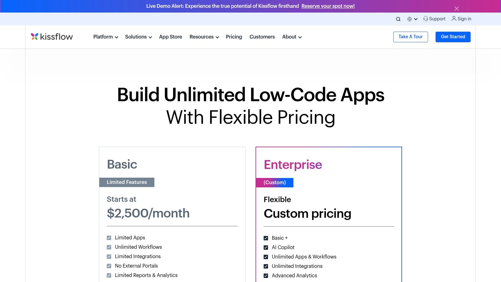 Kissflow pricing plans and tiers.