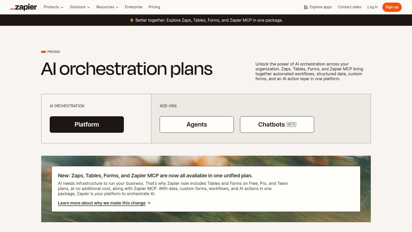 A diagram showing Zapier's AI orchestration features connecting different apps.