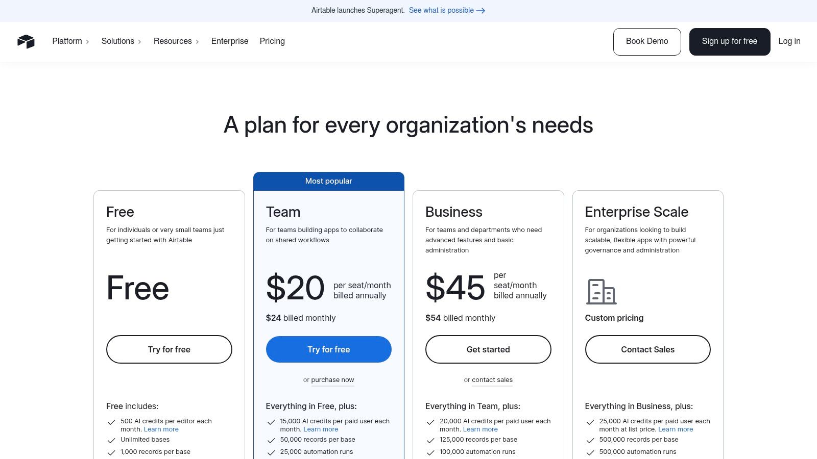 Airtable's pricing plans highlighting its different tiers for teams and businesses.