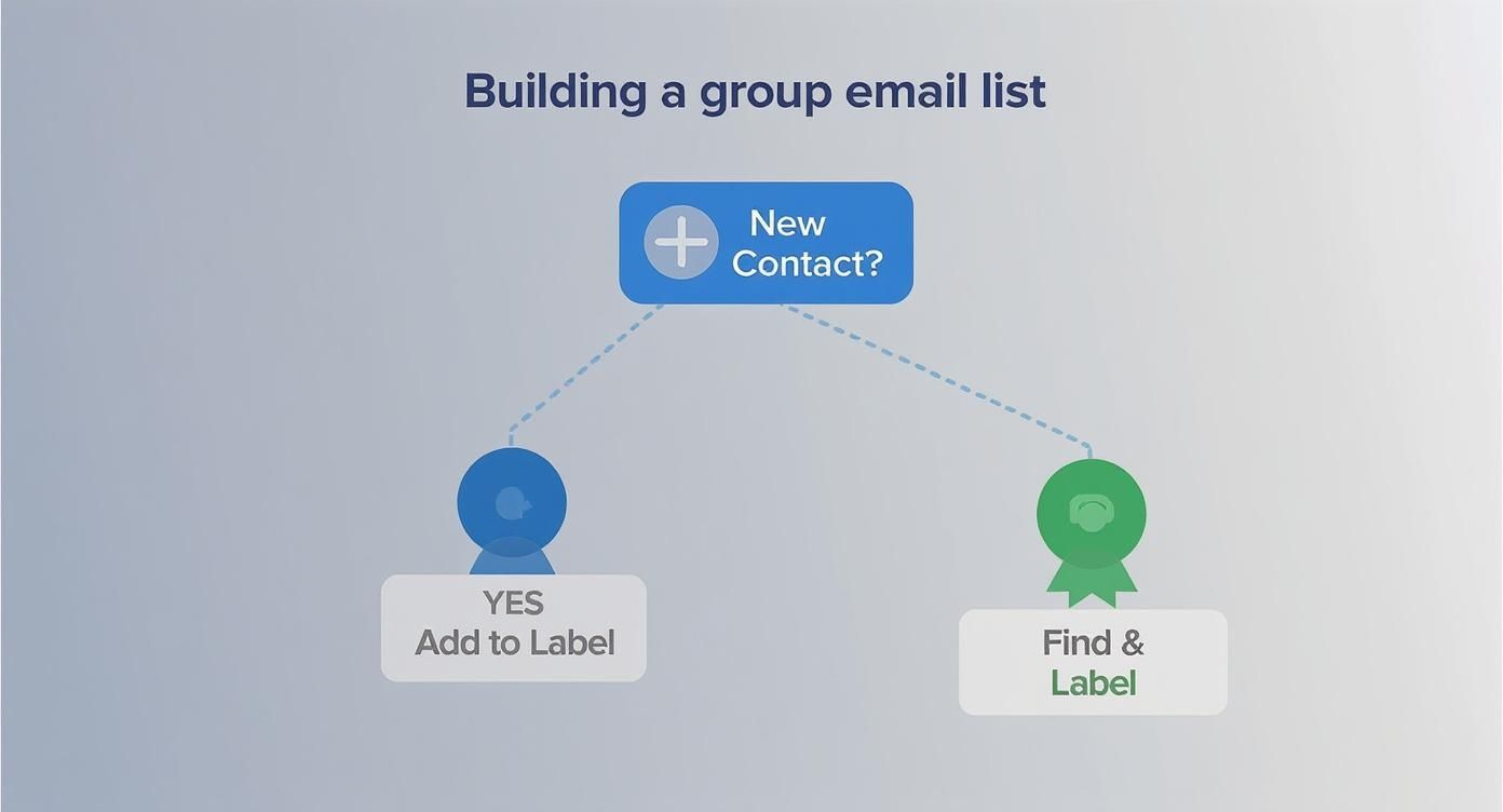 Infographic about how to send a group email in gmail, demonstrating the workflow from contact labels to sending via Bcc.