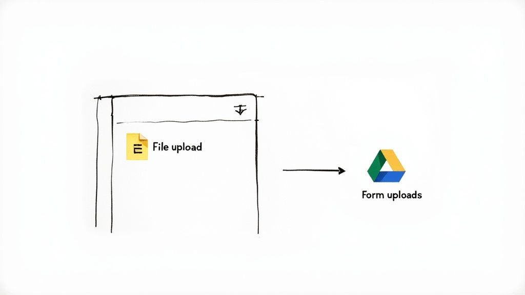 A diagram illustrating a 'File upload' form element with an arrow pointing to the Google Drive logo, labeled 'Form uploads'.