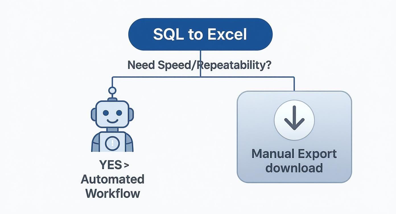Infographic decision tree asking if you need speed and repeatability to decide between automated workflows and manual exports for a SQL query to Excel.