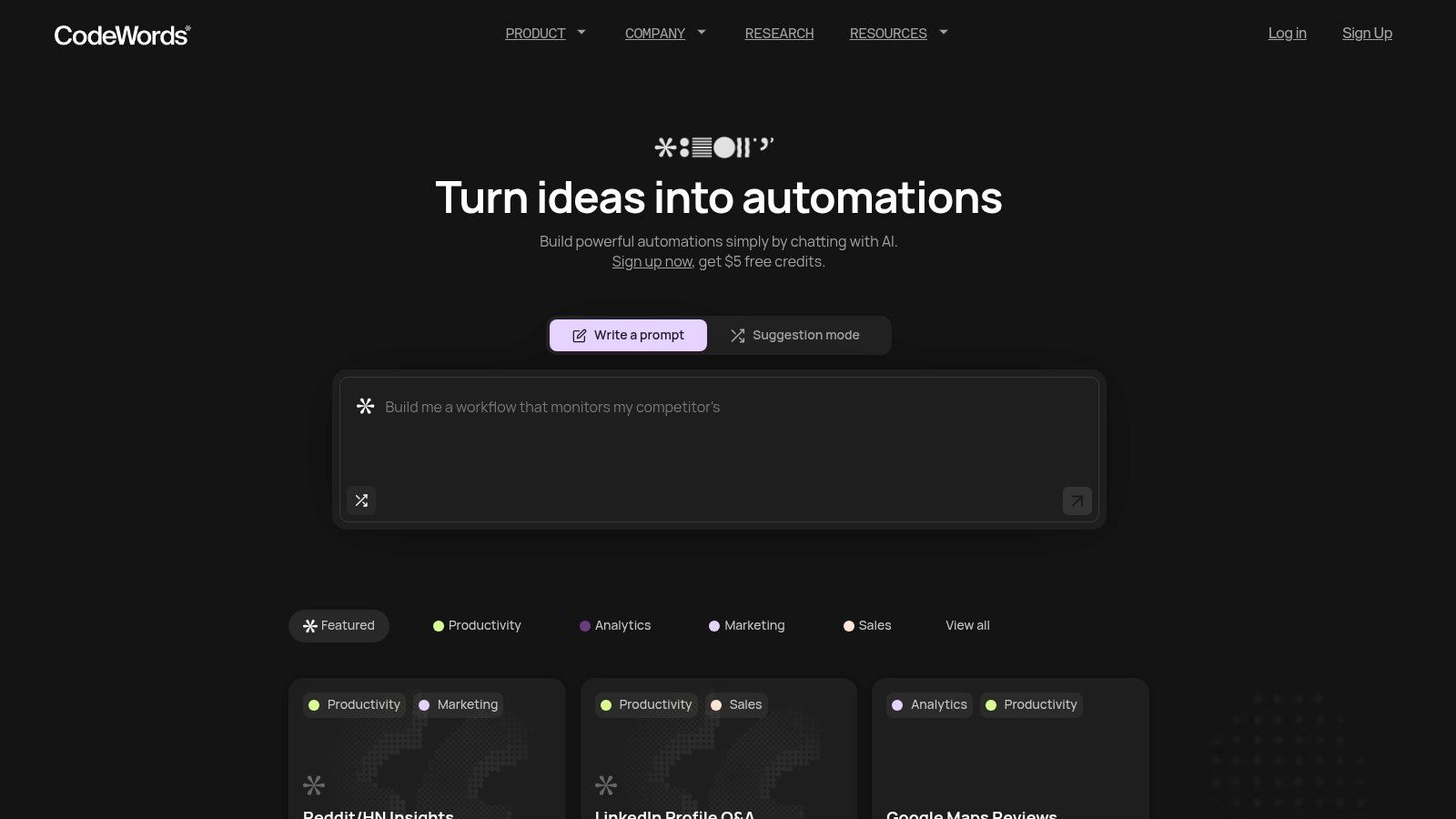CodeWords chat interface showing an AI-generated automation for a Make alternatives article.