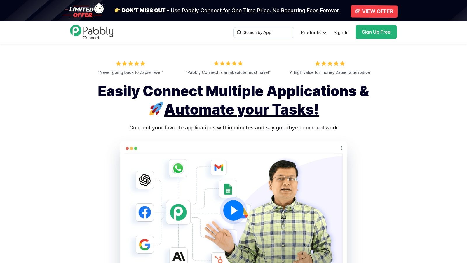 The Pabbly Connect workflow builder interface, showing connected app modules.