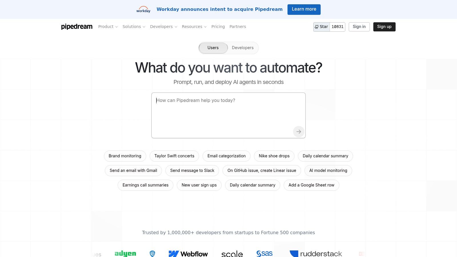 Pipedream workflow editor showing code and no-code steps