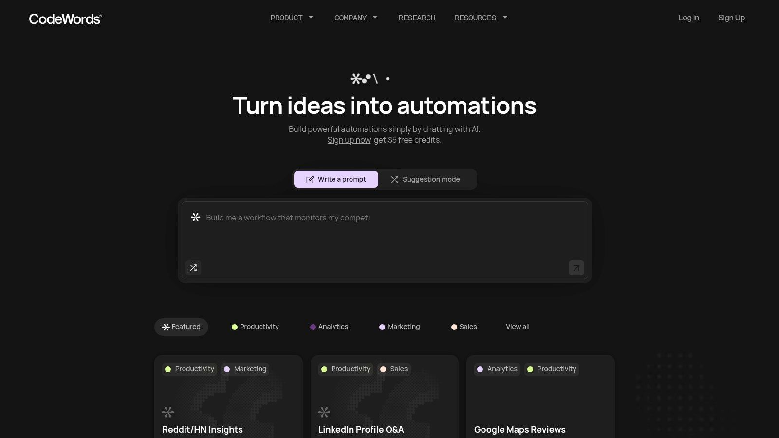 CodeWords AI automation interface showing how users can build workflows with chat