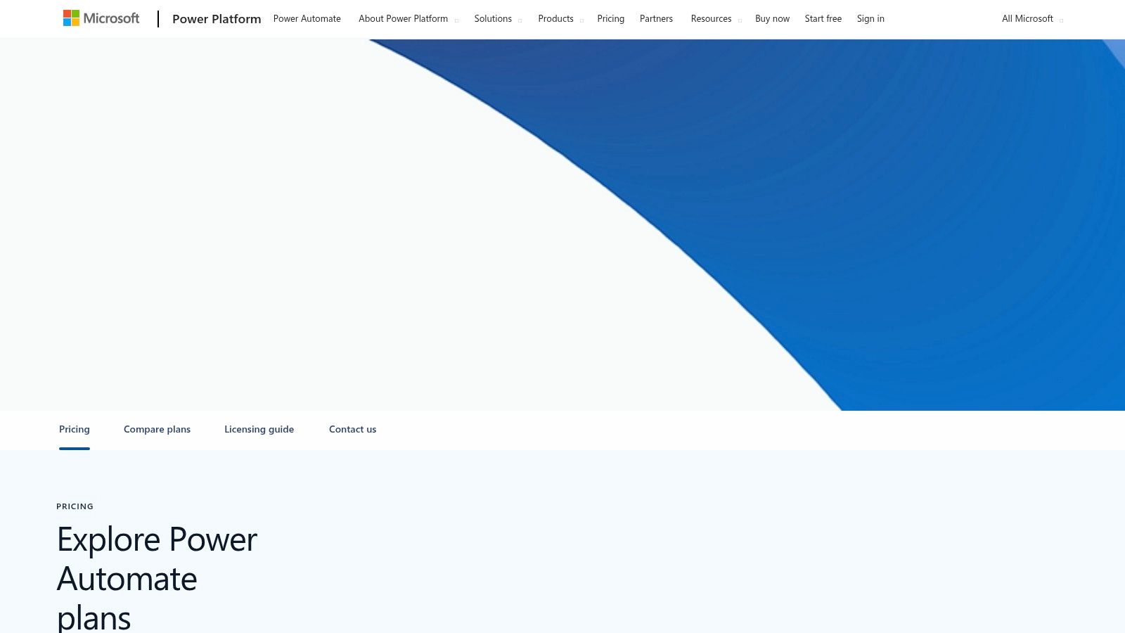 Microsoft Power Automate's pricing page showing different licensing options.