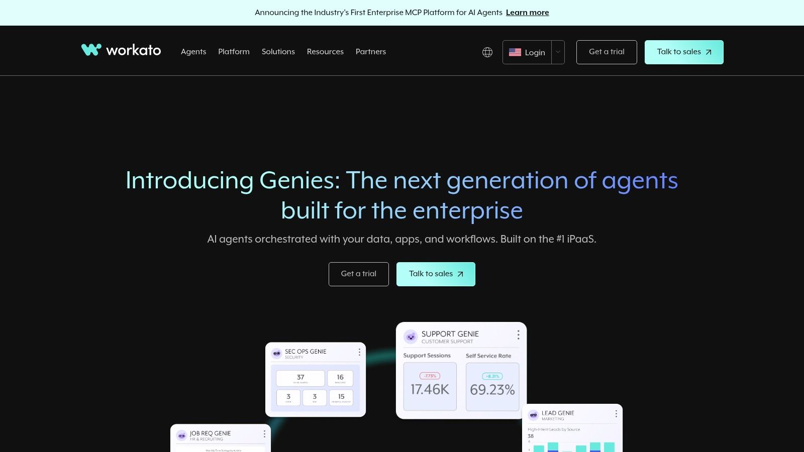 Workato's interface showing its AI-powered agent capabilities.