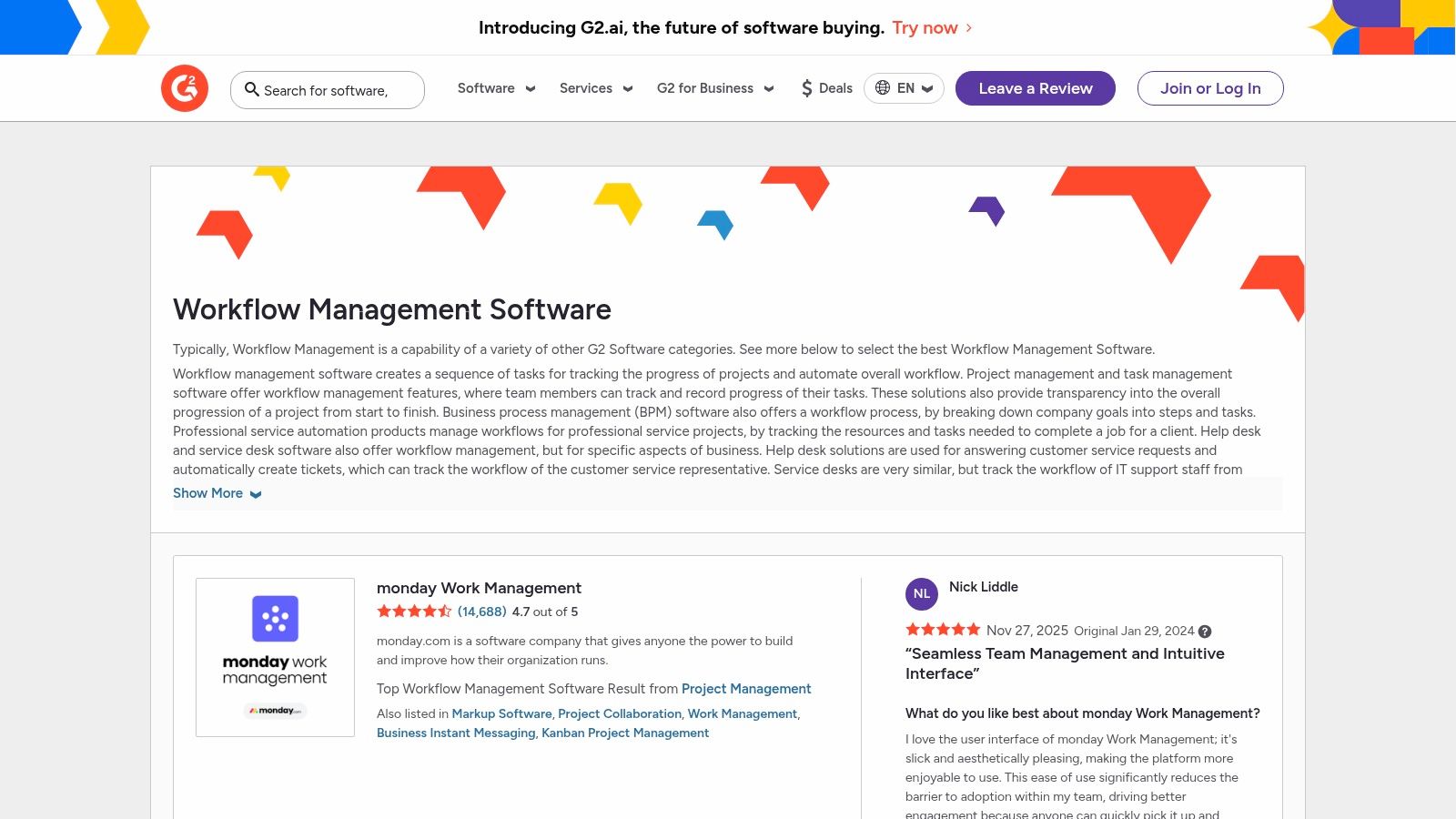 G2's workflow management category page showing a grid of software vendors.
