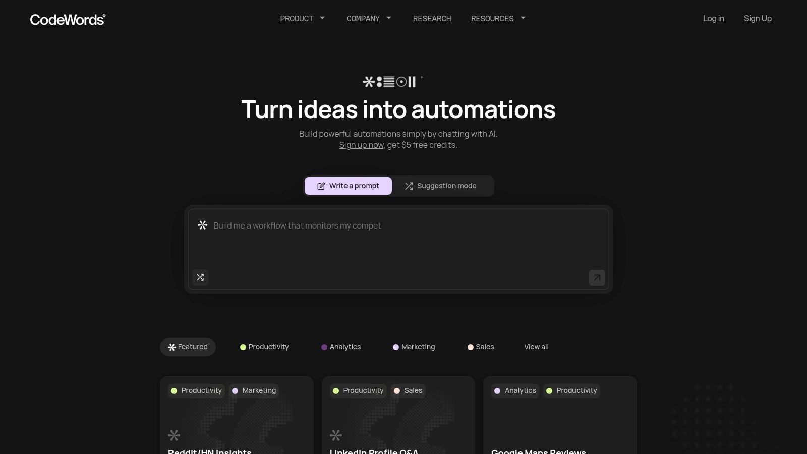 An AI dashboard for workflow automation tools, showing a chat interface where a user is creating a workflow by typing in plain English.