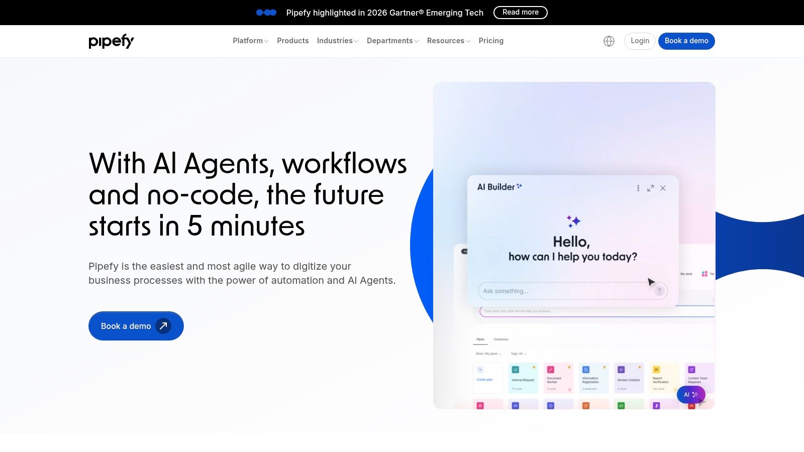 An illustration of AI-powered workflow management on a screen, representing Pipefy's structured approach to automation
