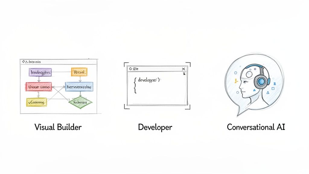 Diagram showing three programming interfaces for workflow programs: visual builder, developer coding, and conversational AI for workflow creation.