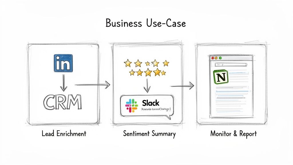 A business use case diagram for workflow programs illustrating lead enrichment, sentiment summary, and monitoring.