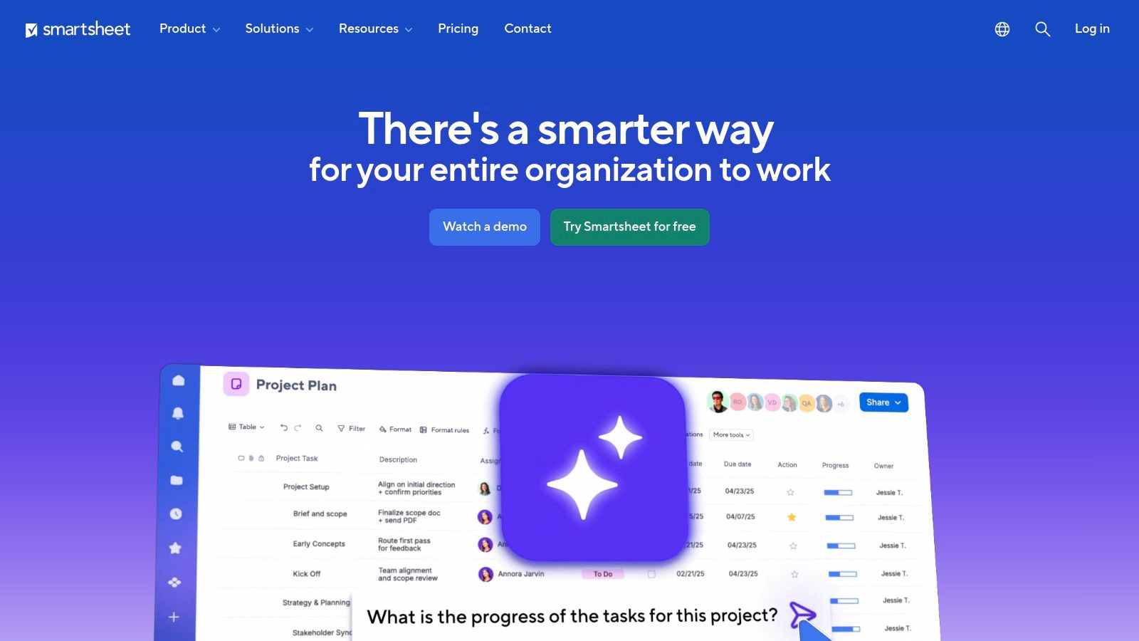 Smartsheet interface showing a project plan in a grid view with tasks and assignments