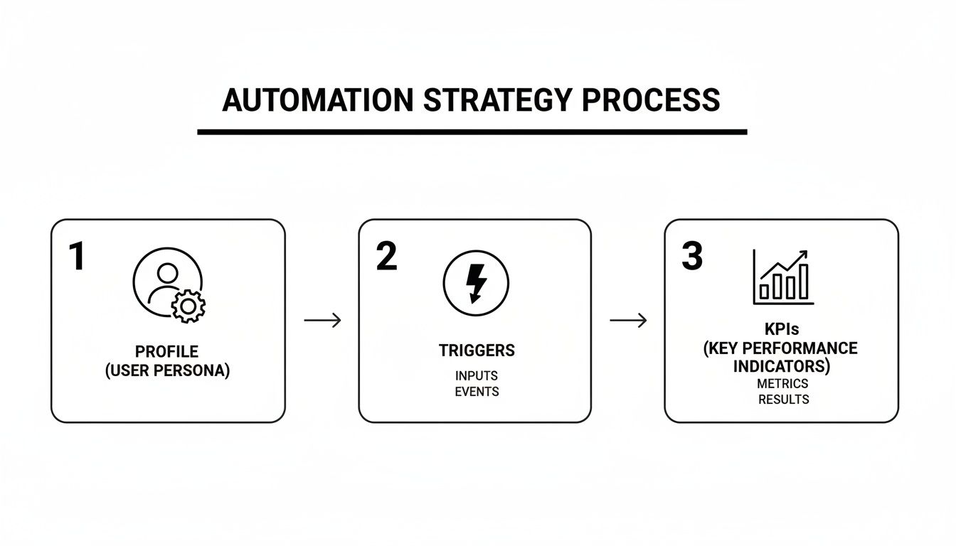 Diagram illustrating the three-step automation strategy process: profile, triggers, and KPIs for business.
