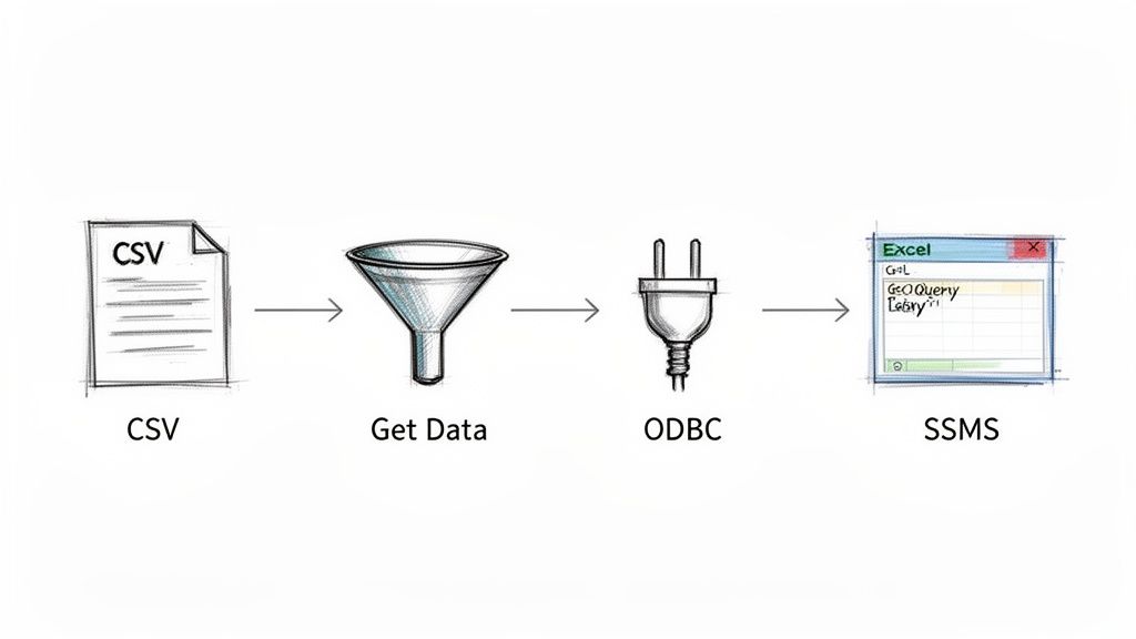 A diagram illustrates data workflow: CSV file to a 'Get Data' funnel, then an ODBC plug, leading to SSMS/Excel.