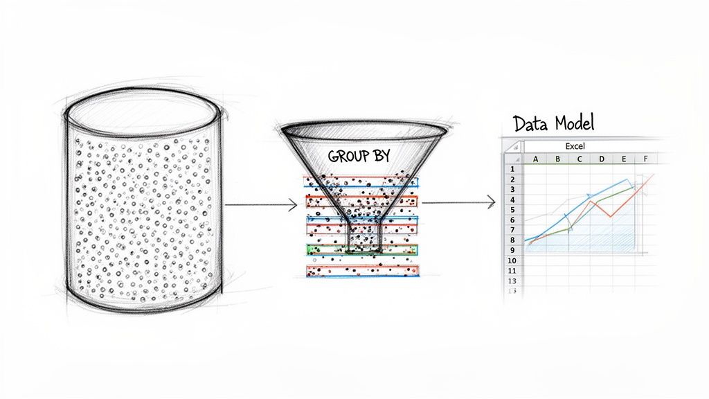 An illustration showing raw data being processed through a 'GROUP BY' function into a structured Excel data model.